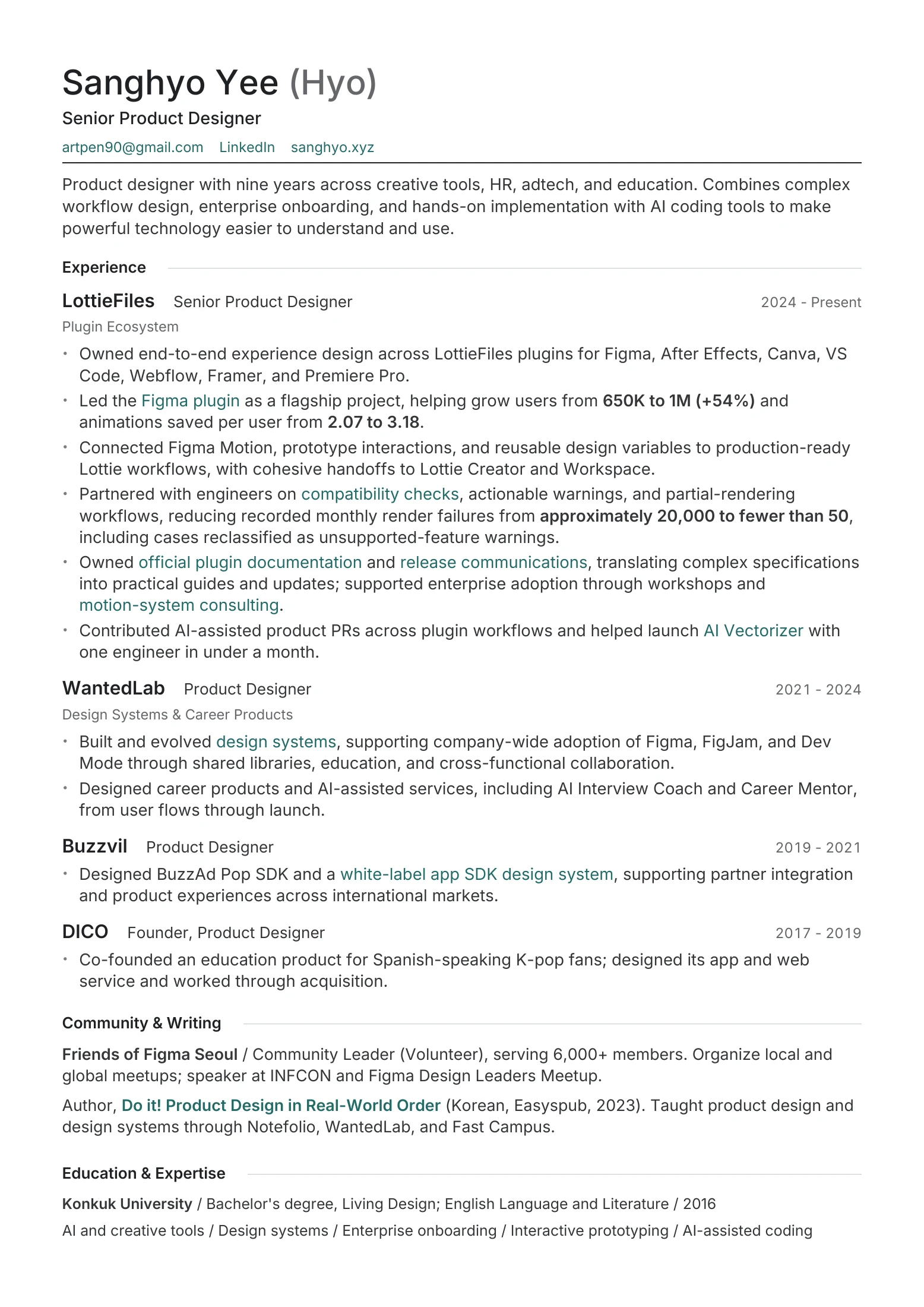 Sanghyo Yee's 2026 resume: LottieFiles, WantedLab, Buzzvil, DICO, community, and education. Open the PDF for selectable text and links.