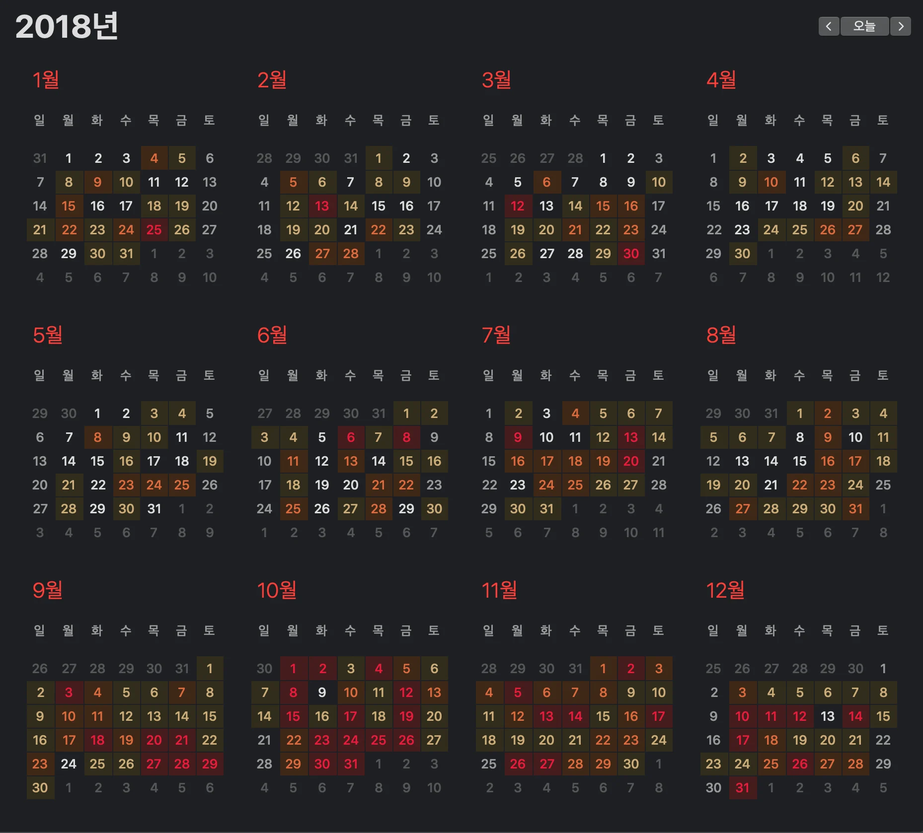 Apple Calendar year view for 2018