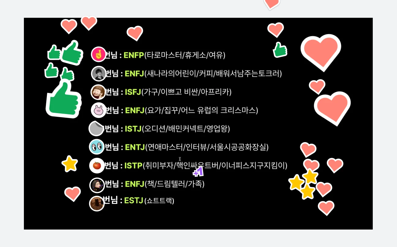 피그잼에서는 위처럼 자신의 프로필, 하트, 좋아요 등 여러 재밌는 스탬프 기능을 활용해 감정을 표현할 수 있어요.